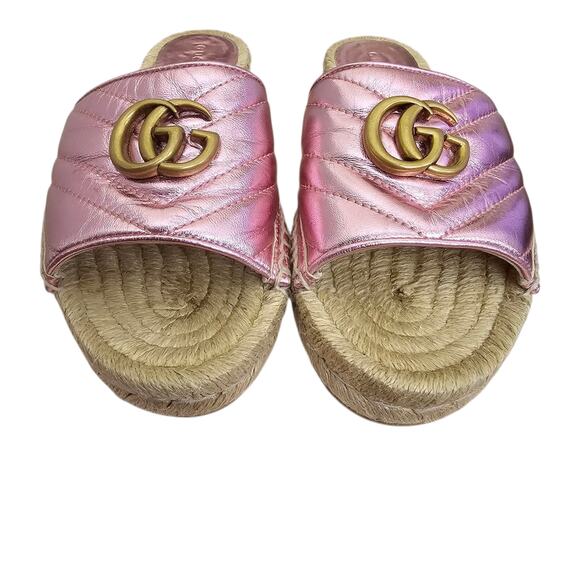 Gucci GG Quilted Leather Espadrille Flat Slide Sandal Size 37 US 7 Metallic Pink - Picture 3 of 8